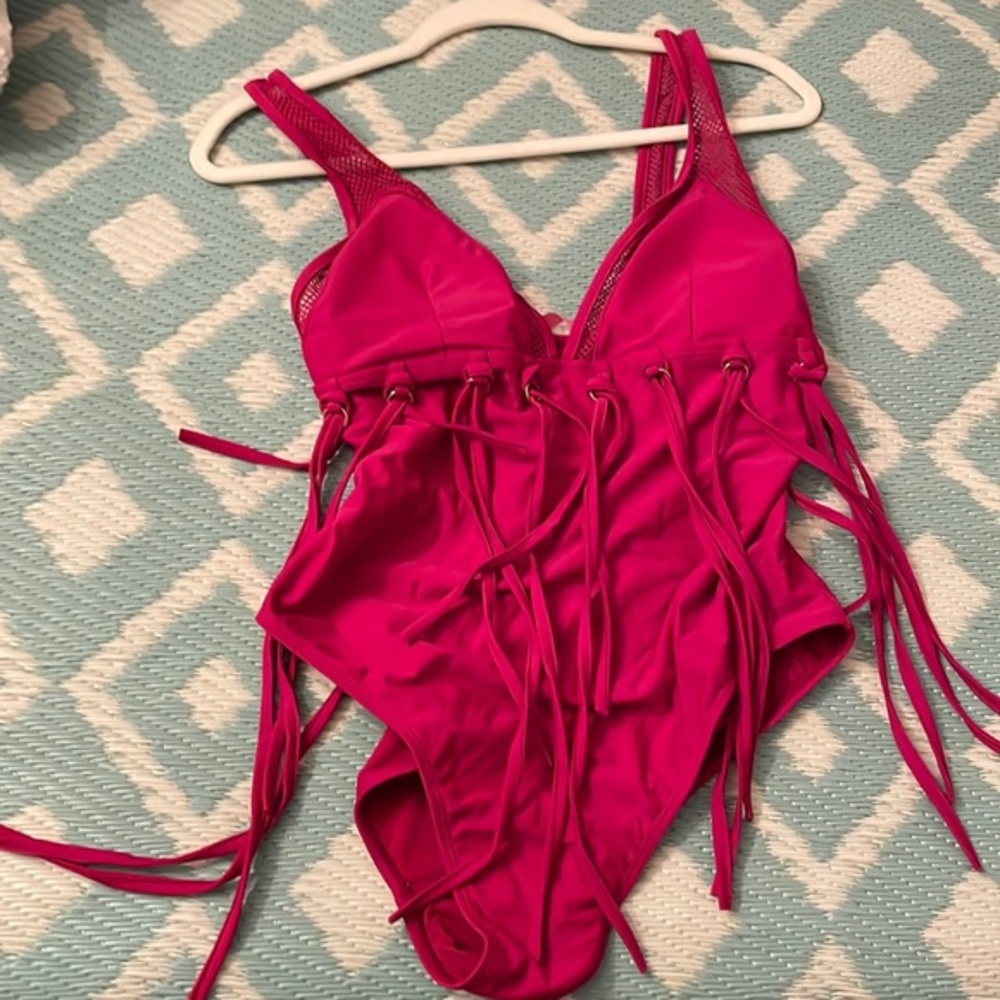 Womens Pink Fringe Swimsuit